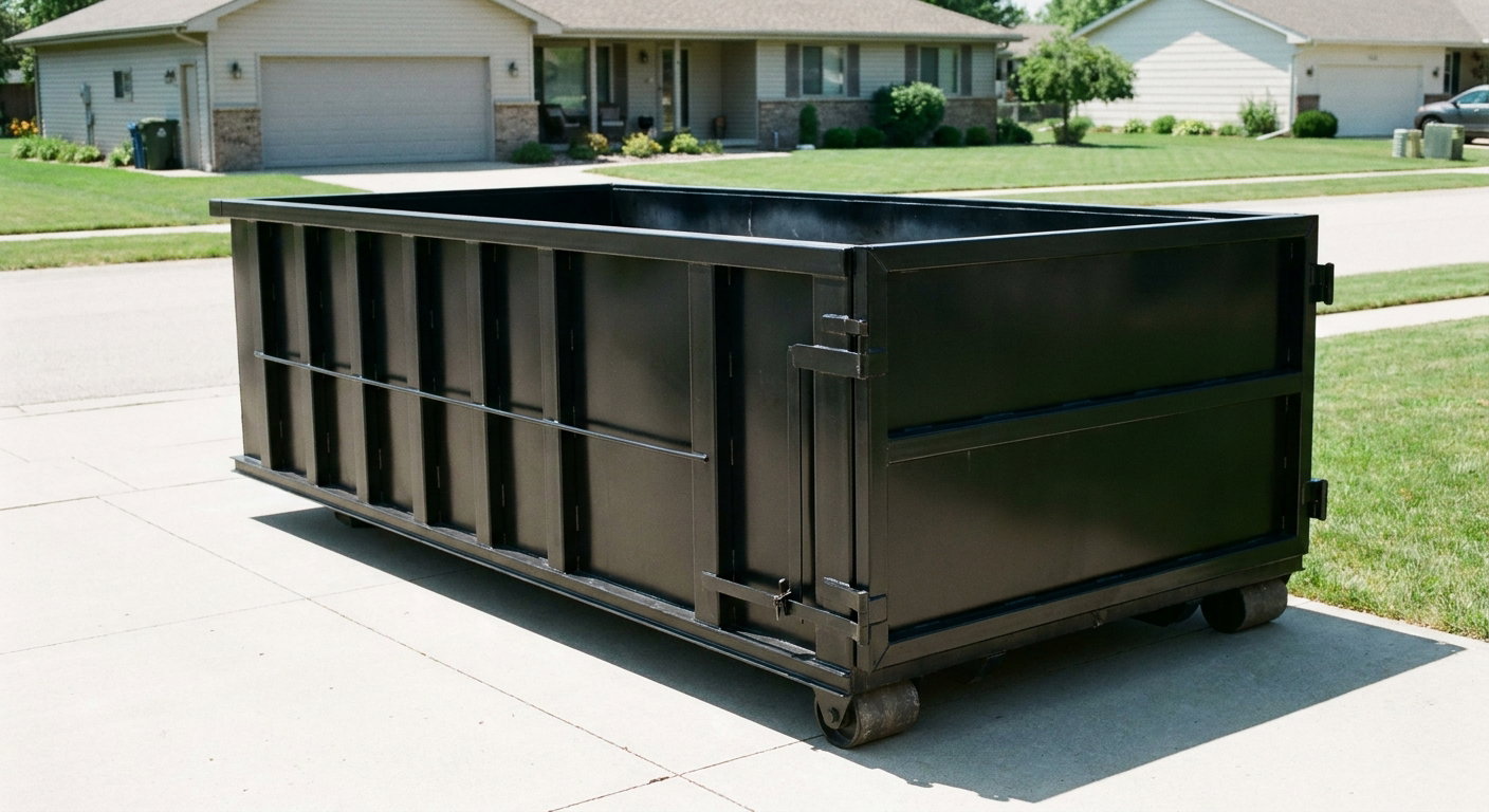 Matte-black 10-yard roll-off dumpster on a residential concrete driveway in Bellingham, uniformly painted matte black across every panel and rail, ribbed steel sidewalls and rear swing door visible, mid-day daylight.