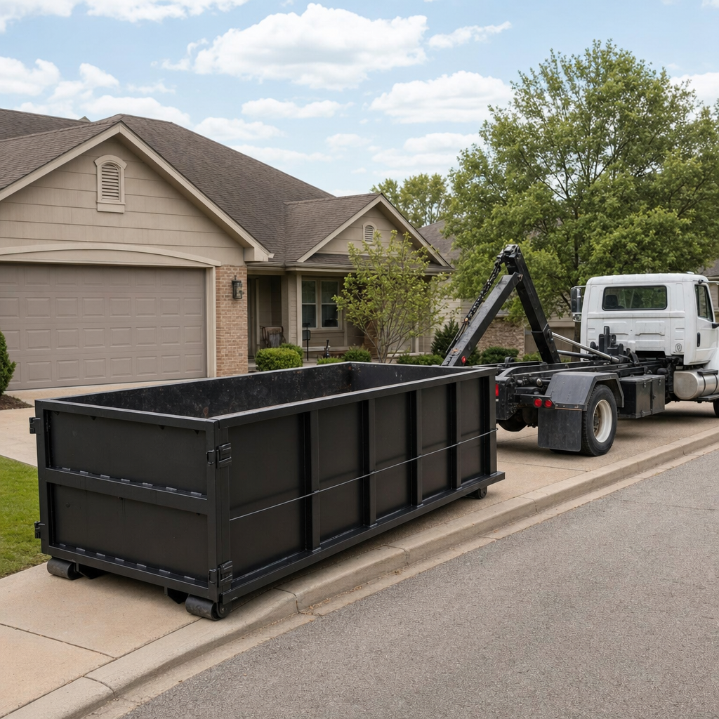 Wide documentary shot of a matte-black roll-off dumpster on a Bellingham residential driveway in the foreground and a contractor jobsite container in the soft-focus background, bright daylight, calm and orderly composition.